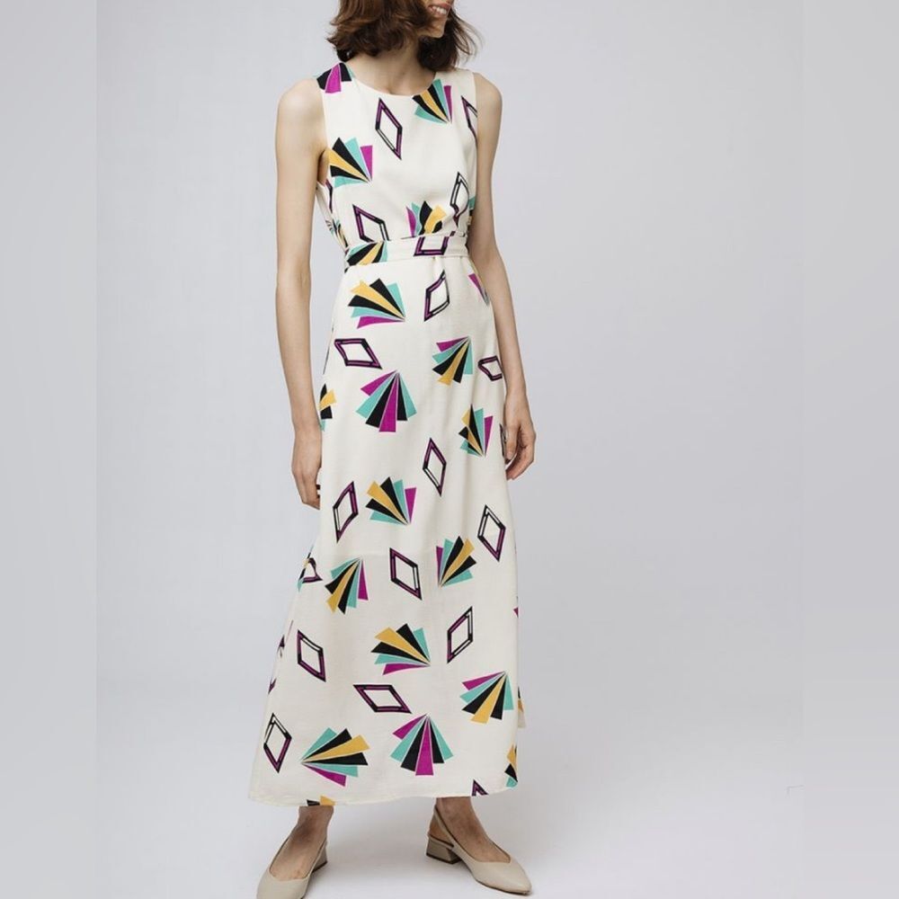 Compañía Fantástica white colorful geometric print belted maxi dress size small